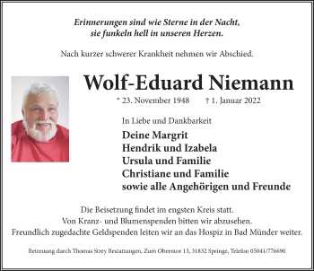 Traueranzeige von Wolf-Eduard Niemann von Neue Deister-Zeitung