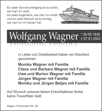 Traueranzeige von Wolfgang Wagner von Deister- und Weserzeitung