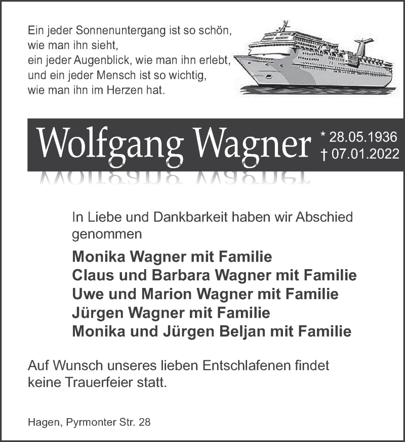  Traueranzeige für Wolfgang Wagner vom 10.01.2022 aus Deister- und Weserzeitung