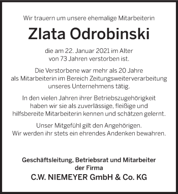 Traueranzeige von Zlata Odrobinski von Deister- und Weserzeitung