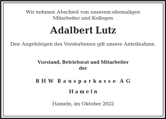 Traueranzeige von Adalbert Lutz von Deister- und Weserzeitung