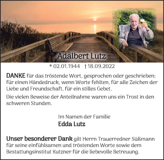 Traueranzeige von Adalbert Lutz von Deister- und Weserzeitung