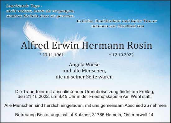 Traueranzeige von Alfred  Rosin von Deister- und Weserzeitung