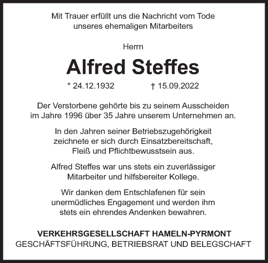 Traueranzeige von Alfred Steffes von Deister- und Weserzeitung