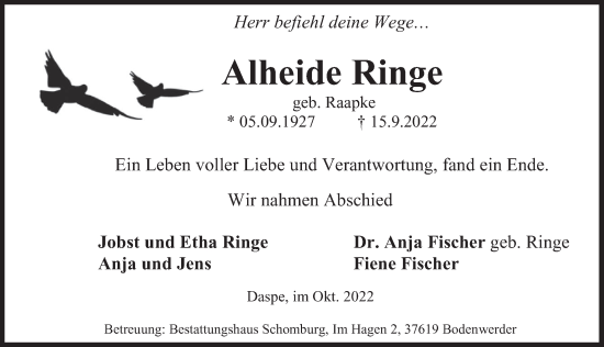 Traueranzeige von Alheide Ringe von Deister- und Weserzeitung