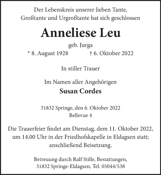 Traueranzeige von Anneliese Leu von Neue Deister-Zeitung