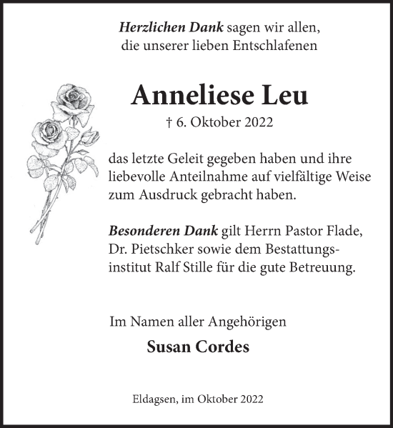 Traueranzeige von Anneliese Leu von Neue Deister-Zeitung