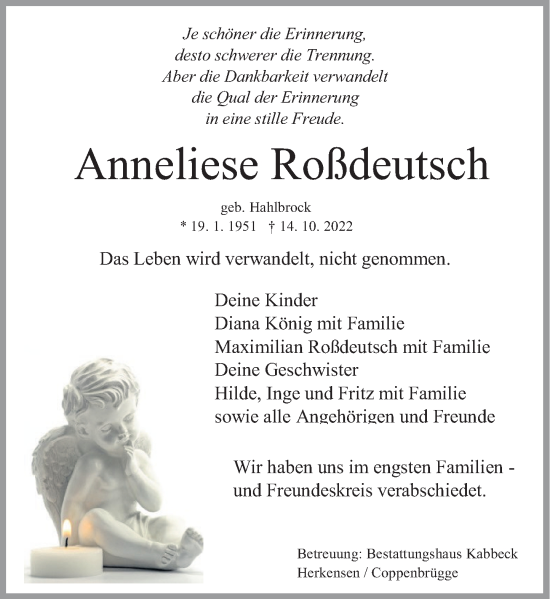 Traueranzeige von Anneliese Roßdeutsch von Deister- und Weserzeitung