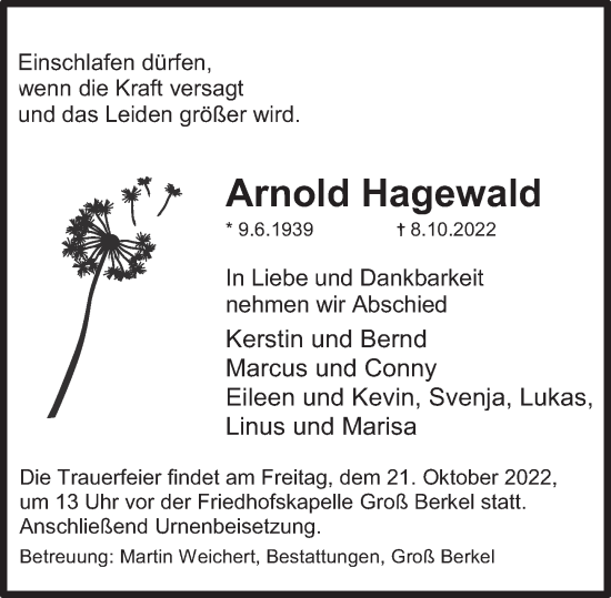Traueranzeige von Arnold Hagewald von Deister- und Weserzeitung