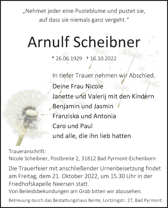 Traueranzeige von Arnulf Scheibner von Deister- und Weserzeitung
