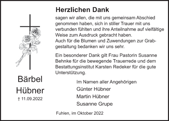Traueranzeige von Bärbel Hübner von Deister- und Weserzeitung