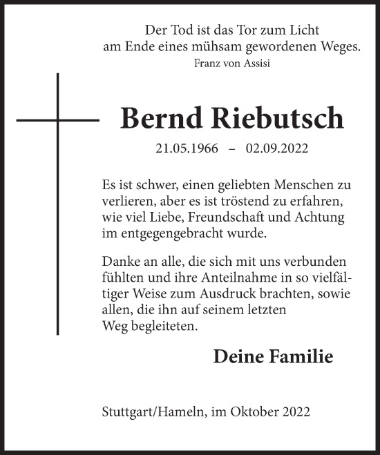 Traueranzeige von Bernd Riebutsch von Deister- und Weserzeitung