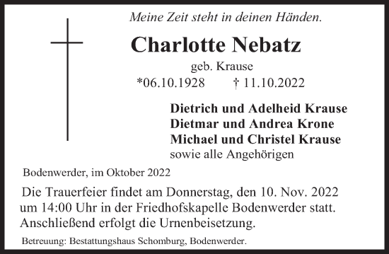 Traueranzeige von Charlotte Nebatz von Deister- und Weserzeitung
