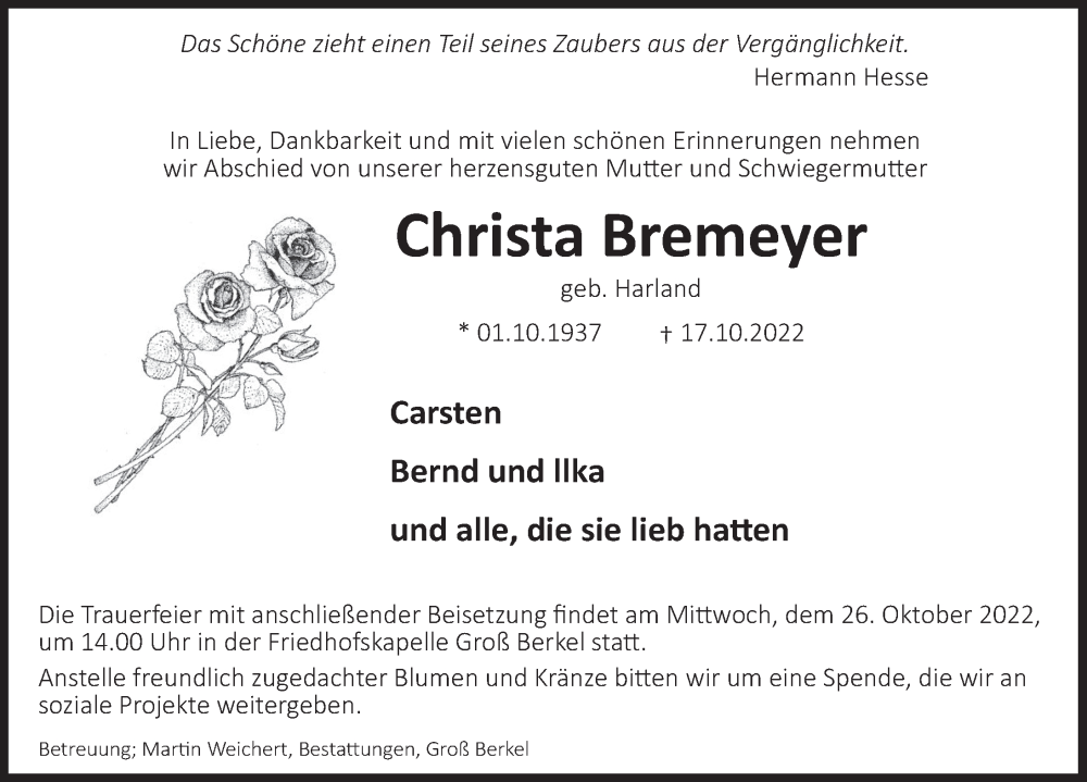  Traueranzeige für Christa Bremeyer vom 22.10.2022 aus Deister- und Weserzeitung