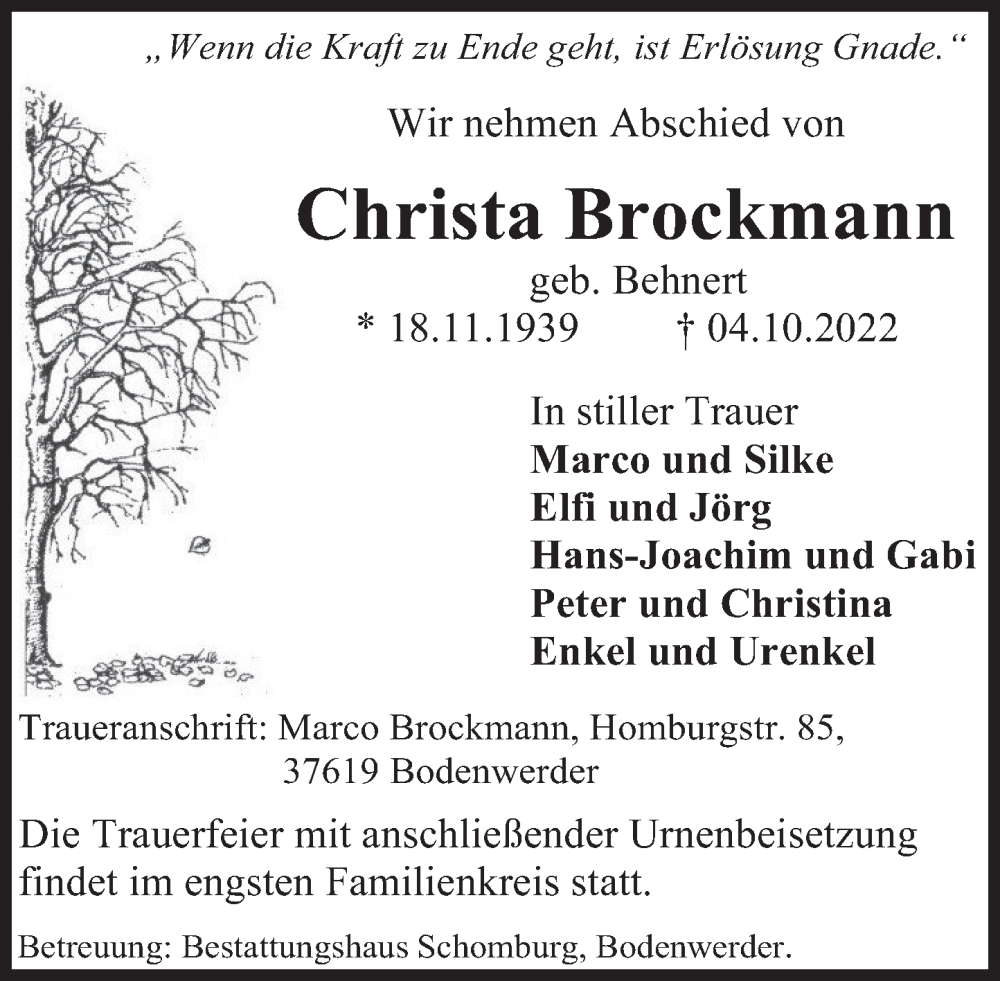  Traueranzeige für Christa Brockmann vom 15.10.2022 aus Deister- und Weserzeitung