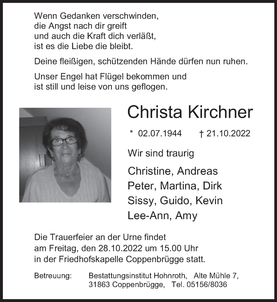  Traueranzeige für Christa Kirchner vom 25.10.2022 aus Deister- und Weserzeitung