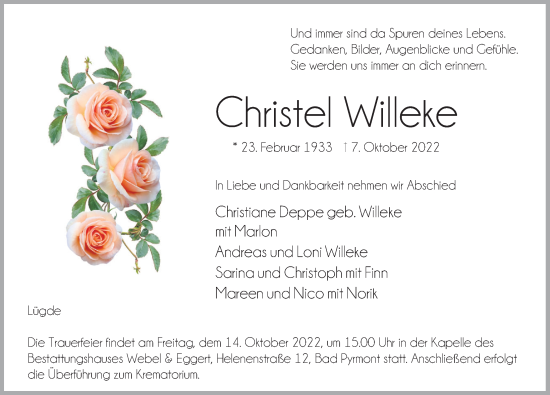Traueranzeige von Christel Willeke von Deister- und Weserzeitung