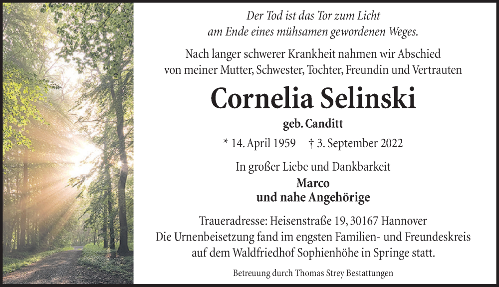  Traueranzeige für Cornelia Selinski vom 22.10.2022 aus Neue Deister-Zeitung