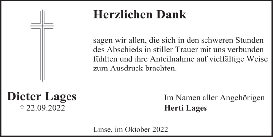 Traueranzeige von Dieter Lages von Deister- und Weserzeitung