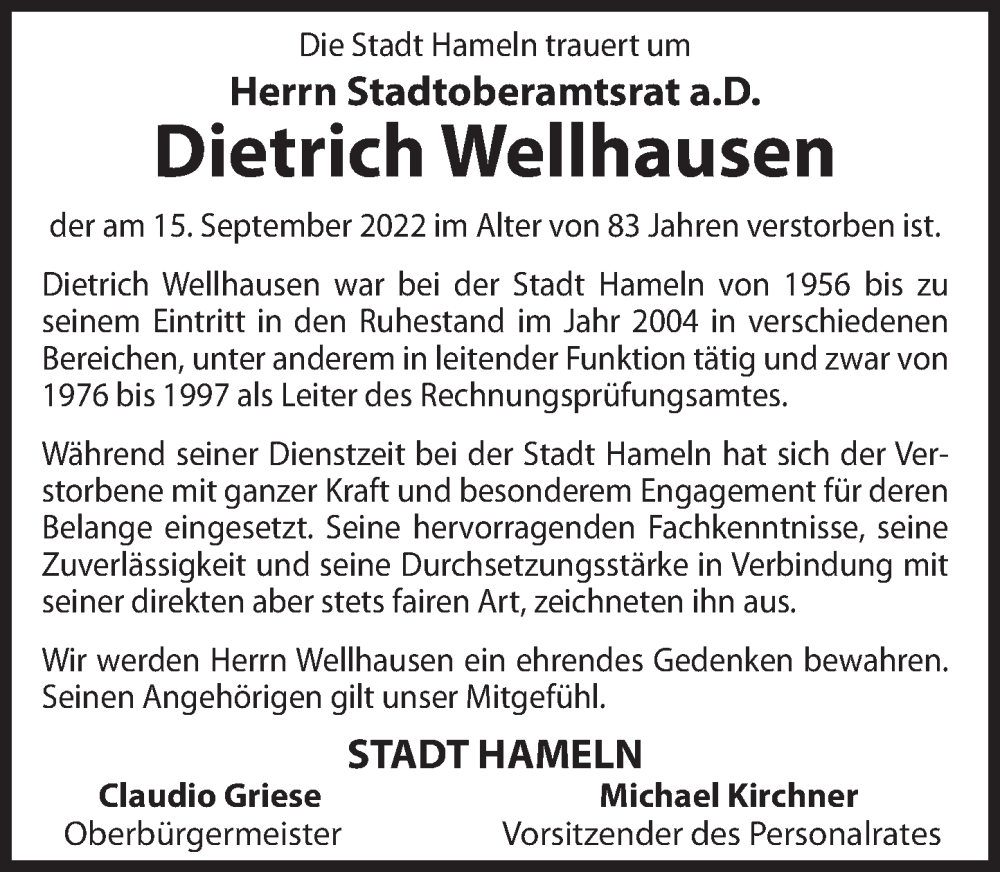  Traueranzeige für Dietrich Wellhausen vom 17.10.2022 aus Deister- und Weserzeitung