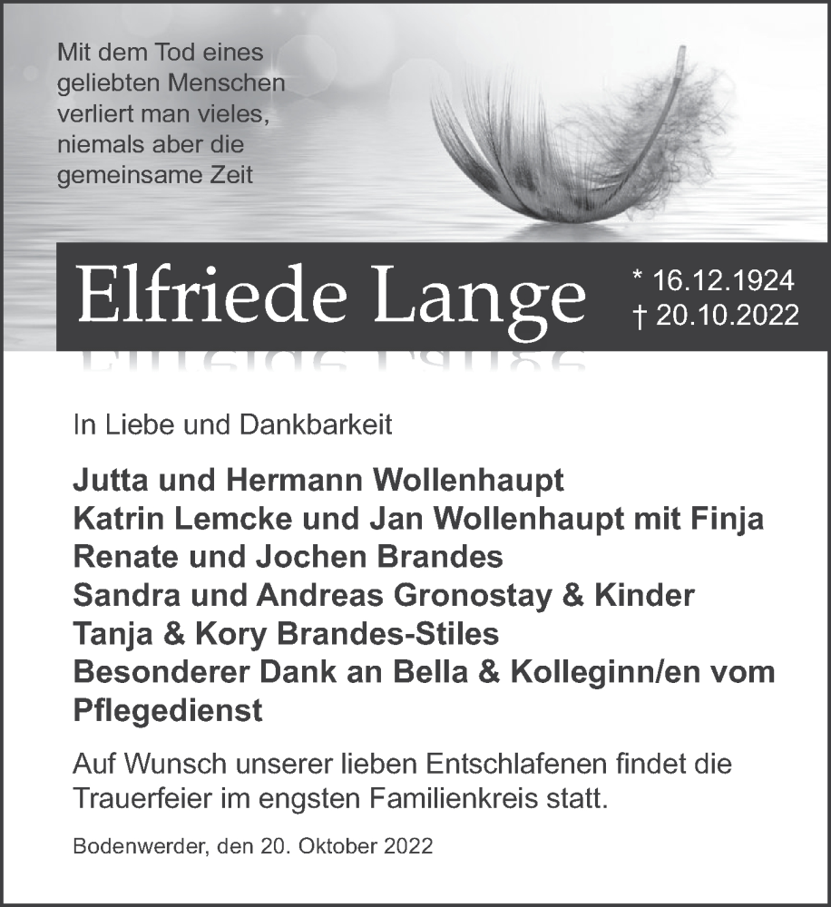  Traueranzeige für Elfriede Lange vom 28.10.2022 aus Deister- und Weserzeitung