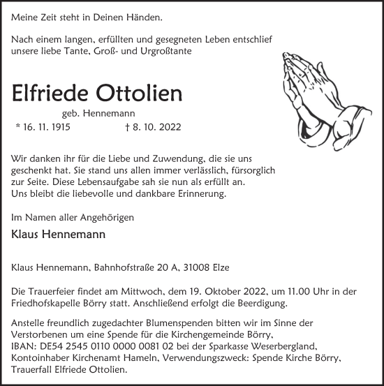 Traueranzeige von Elfriede Ottolien von Deister- und Weserzeitung