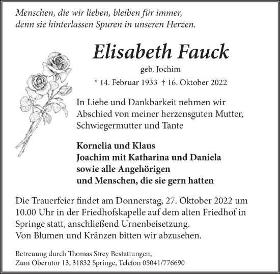 Traueranzeige von Elisabeth Fauck von Neue Deister-Zeitung