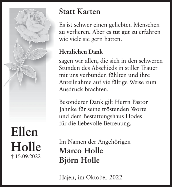 Traueranzeige von Ellen Holle von Deister- und Weserzeitung