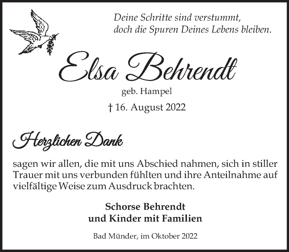  Traueranzeige für Elsa Behrendt vom 15.10.2022 aus Neue Deister-Zeitung