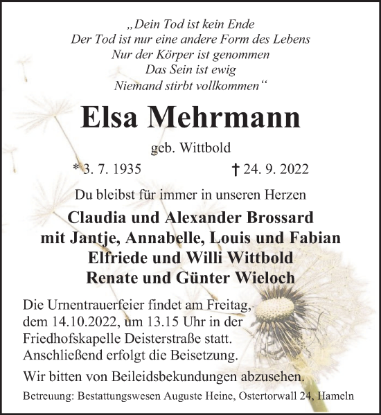 Traueranzeige von Elsa Mehrmann von Deister- und Weserzeitung