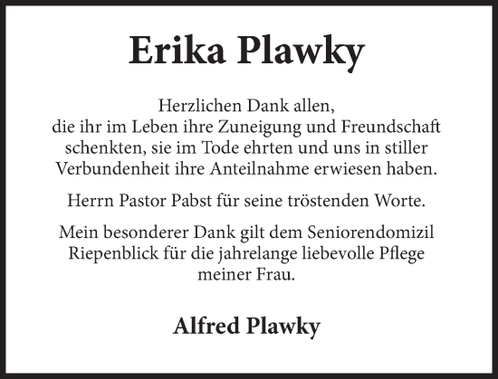 Traueranzeige von Erika Plawky von Deister- und Weserzeitung