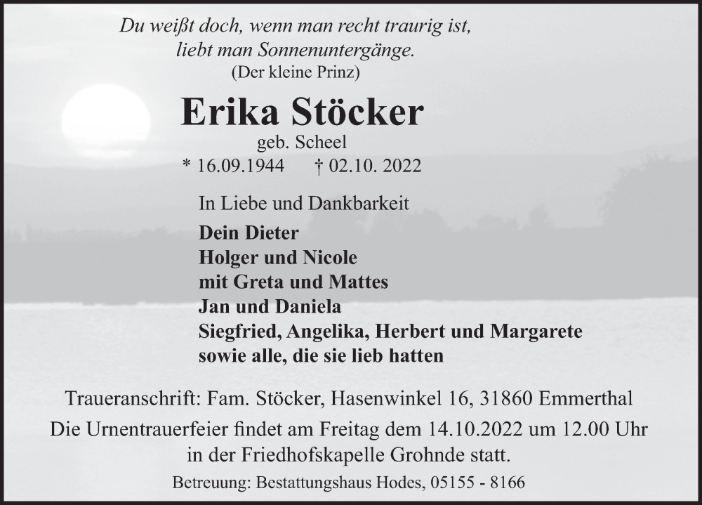  Traueranzeige für Erika Stöcker vom 08.10.2022 aus Deister- und Weserzeitung
