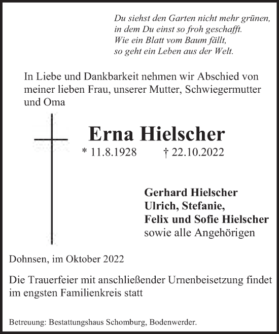 Traueranzeige von Erna Hielscher von Deister- und Weserzeitung