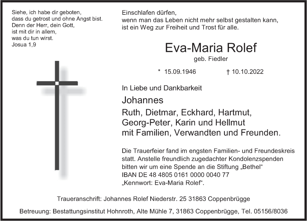  Traueranzeige für Eva-Maria Rolef vom 22.10.2022 aus Deister- und Weserzeitung