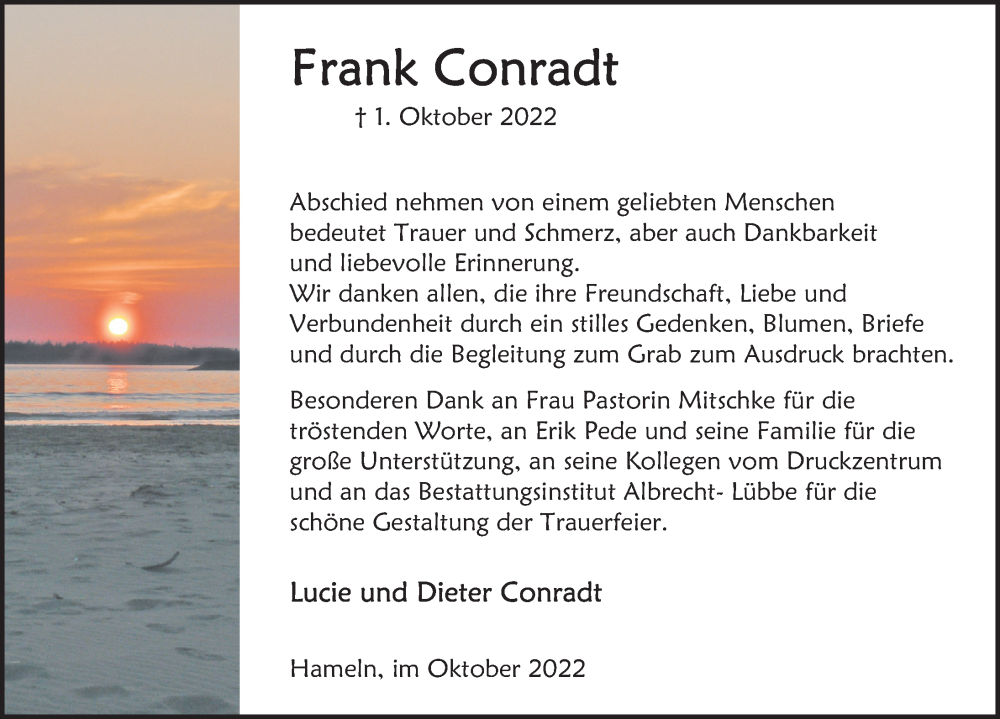  Traueranzeige für Frank Conradt vom 29.10.2022 aus Deister- und Weserzeitung