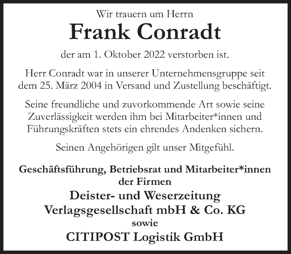 Traueranzeige für Frank Conradt vom 15.10.2022 aus Deister- und Weserzeitung