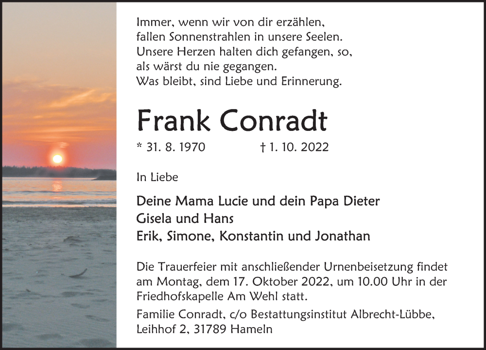  Traueranzeige für Frank Conradt vom 15.10.2022 aus Deister- und Weserzeitung