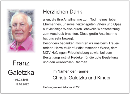 Traueranzeige von Franz Galetzka von Deister- und Weserzeitung