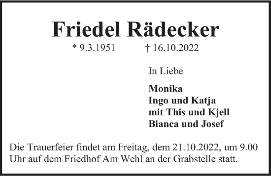 Traueranzeige von Friedel Rädecker von Deister- und Weserzeitung