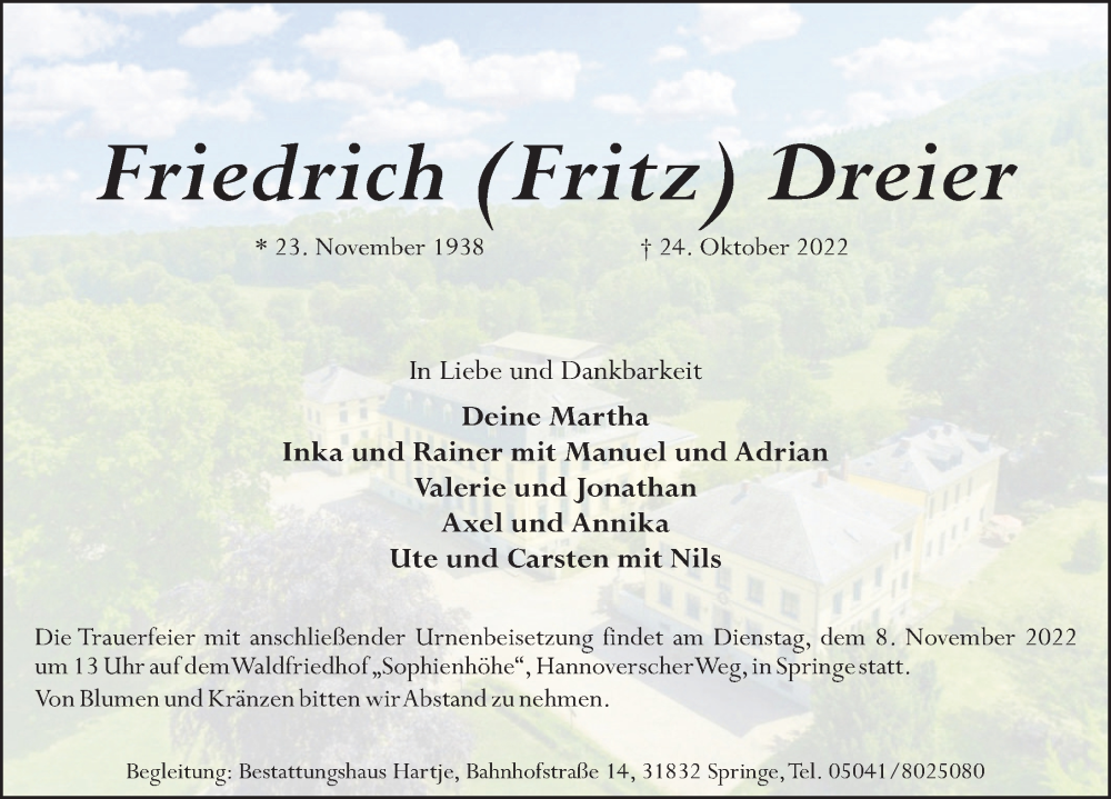  Traueranzeige für Friedrich  Dreier vom 29.10.2022 aus Neue Deister-Zeitung