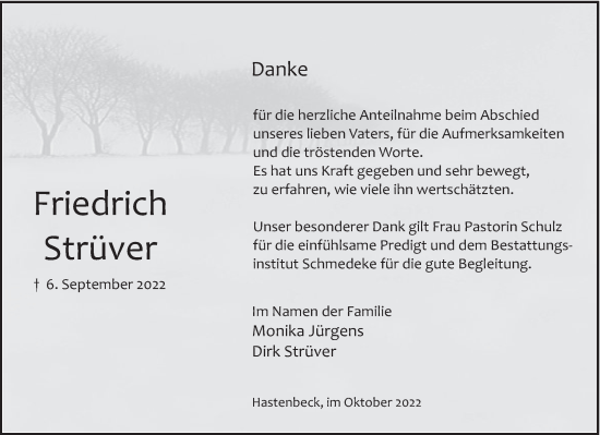 Traueranzeige von Friedrich Strüver von Deister- und Weserzeitung
