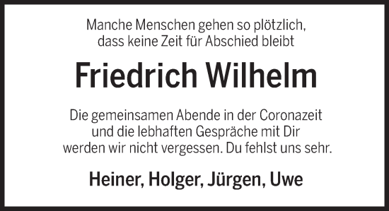 Traueranzeige von Friedrich Wilhelm von Deister- und Weserzeitung