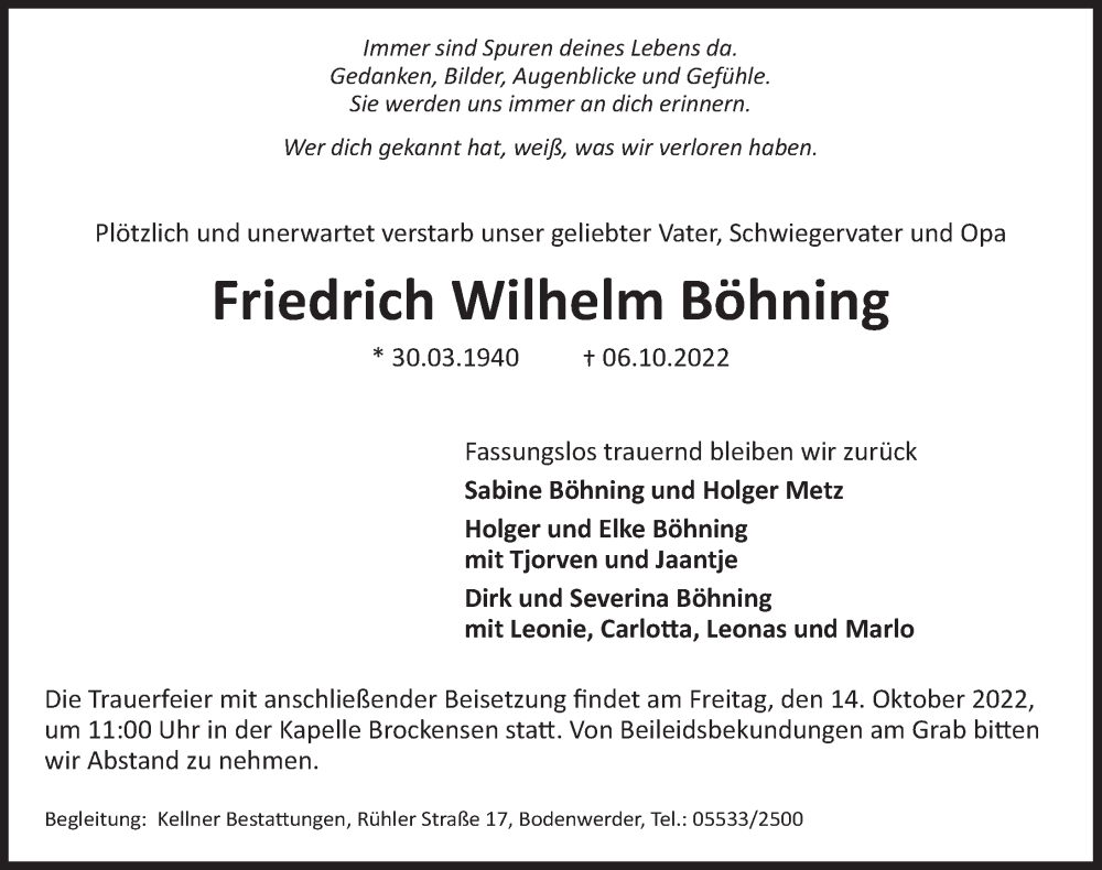  Traueranzeige für Friedrich Wilhelm Böhning vom 12.10.2022 aus Deister- und Weserzeitung