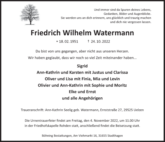 Traueranzeige von Friedrich Wilhelm Watermann von Deister- und Weserzeitung