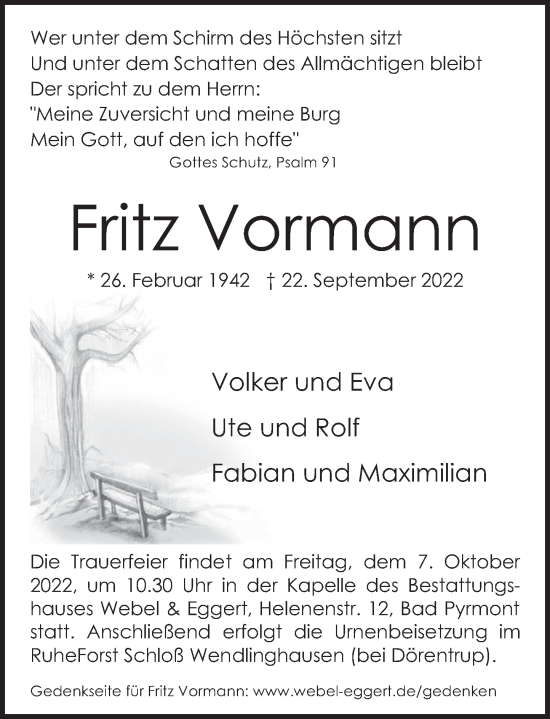 Traueranzeige von Fritz Vormann von Deister- und Weserzeitung