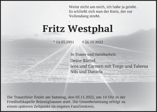 Traueranzeige von Fritz Westphal von Deister- und Weserzeitung