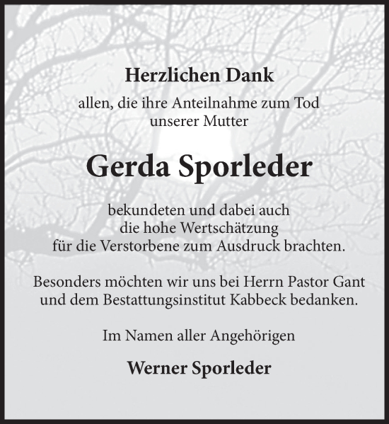Traueranzeige von Gerda Sporleder von Deister- und Weserzeitung