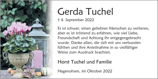 Traueranzeige von Gerda Tuchel von Deister- und Weserzeitung