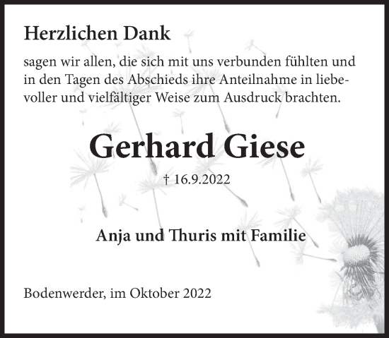 Traueranzeige von Gerhard Giese von Deister- und Weserzeitung
