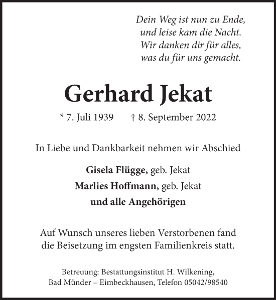 Traueranzeige von Gerhard Jekat von Neue Deister-Zeitung
